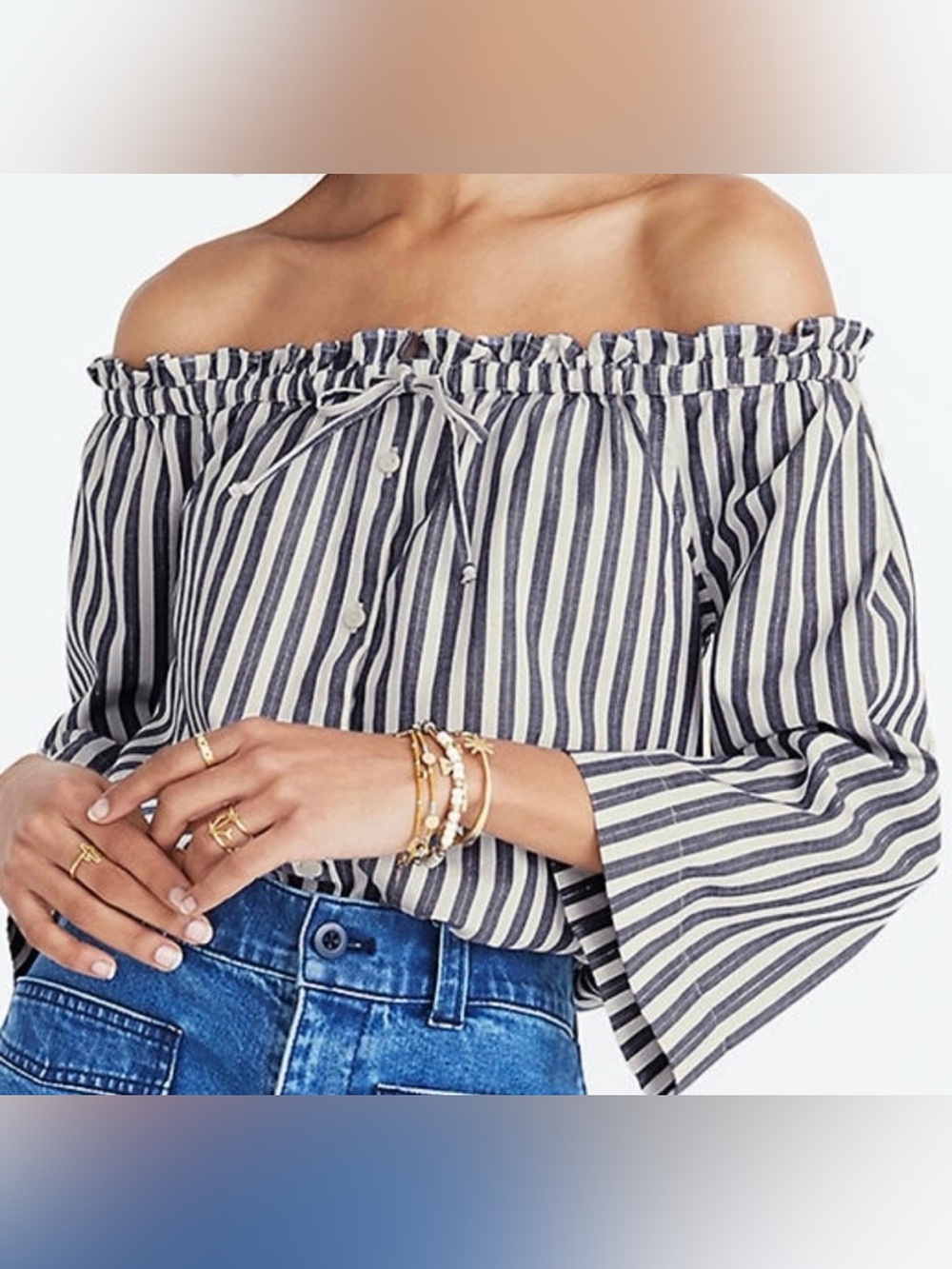 Madewell Striped Shimmer Off Shoulder Top Striped Blue White Medium